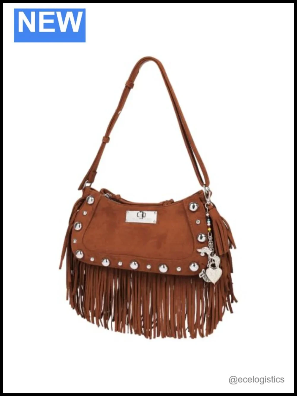 Faux Leather Fringe Hobo Bag with Studded Trim Adjustable Shoulder Purse